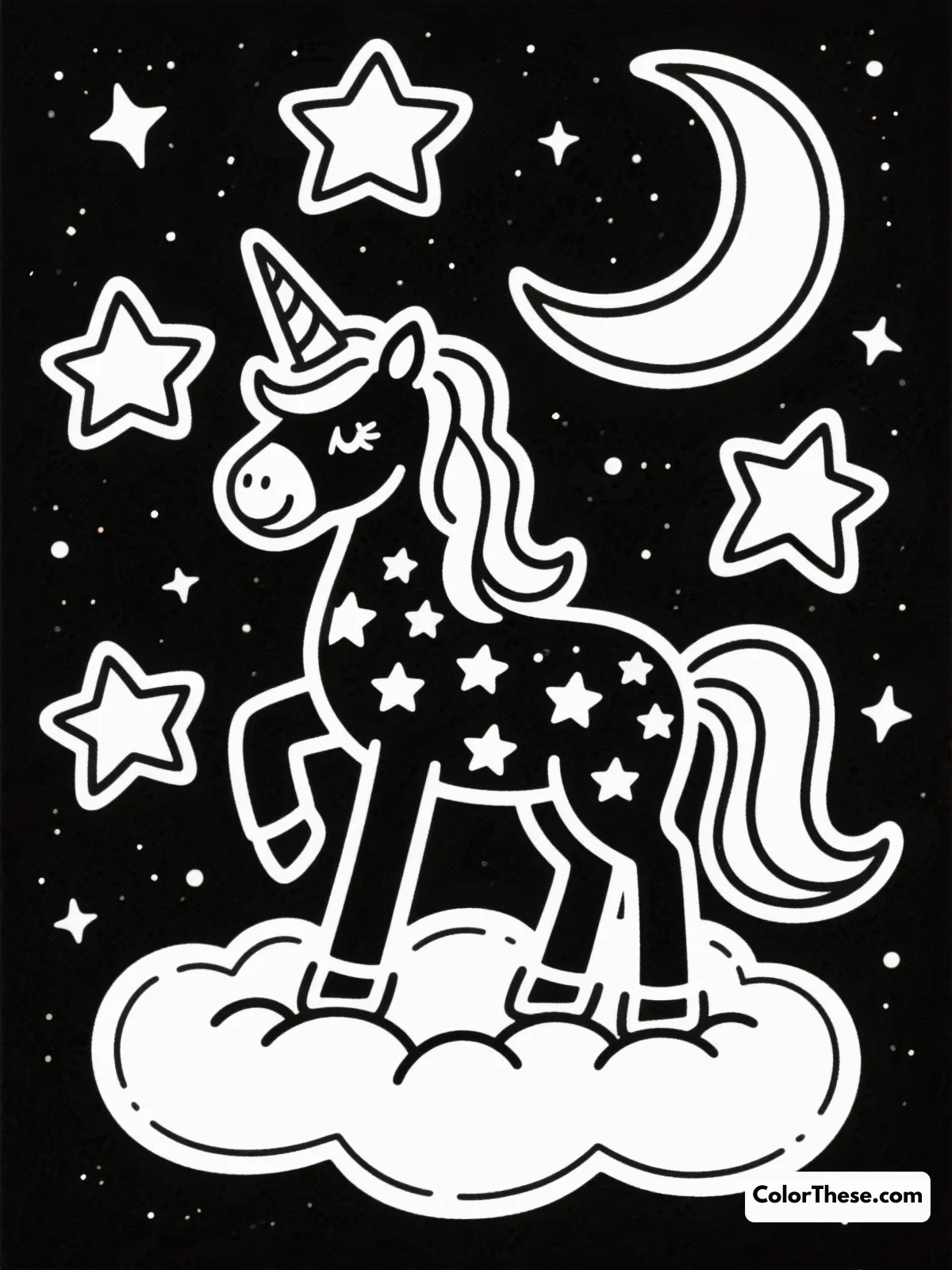 Free printable celestial unicorn in a starry night coloring page for kids and adults. Explore the magic of the 'Celestial Unicorn in a Starry Night' with a coloring page that blends simplicity and complexity for all ages. Unleash your creativity and add your touch of color to this enchanting scene.