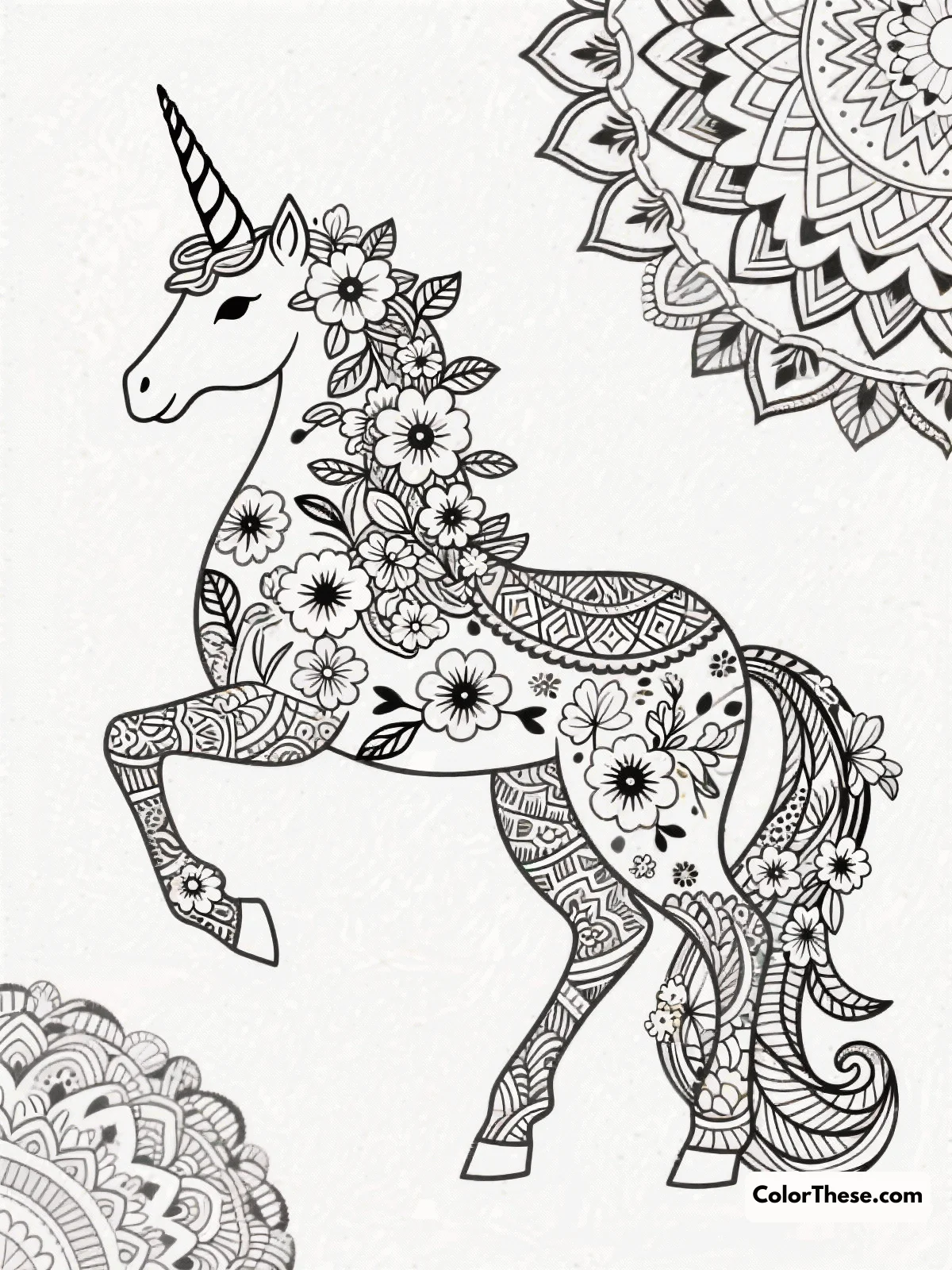 Free printable floral unicorn with detailed patterns coloring page for kids and adults. Discover the enchanting Floral Unicorn coloring page, perfect for all ages with its blend of simple and intricate patterns. Unleash your creativity with color harmony and shading techniques!