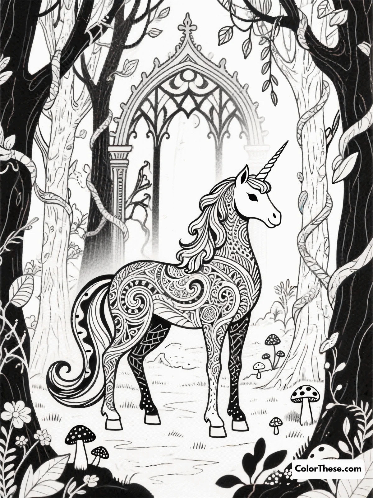 Free printable gothic unicorn and enchanted forest coloring page for kids and adults. Explore a mystical world with this 'Gothic Unicorn and Enchanted Forest' coloring page, perfect for all ages to spark imagination and creativity.