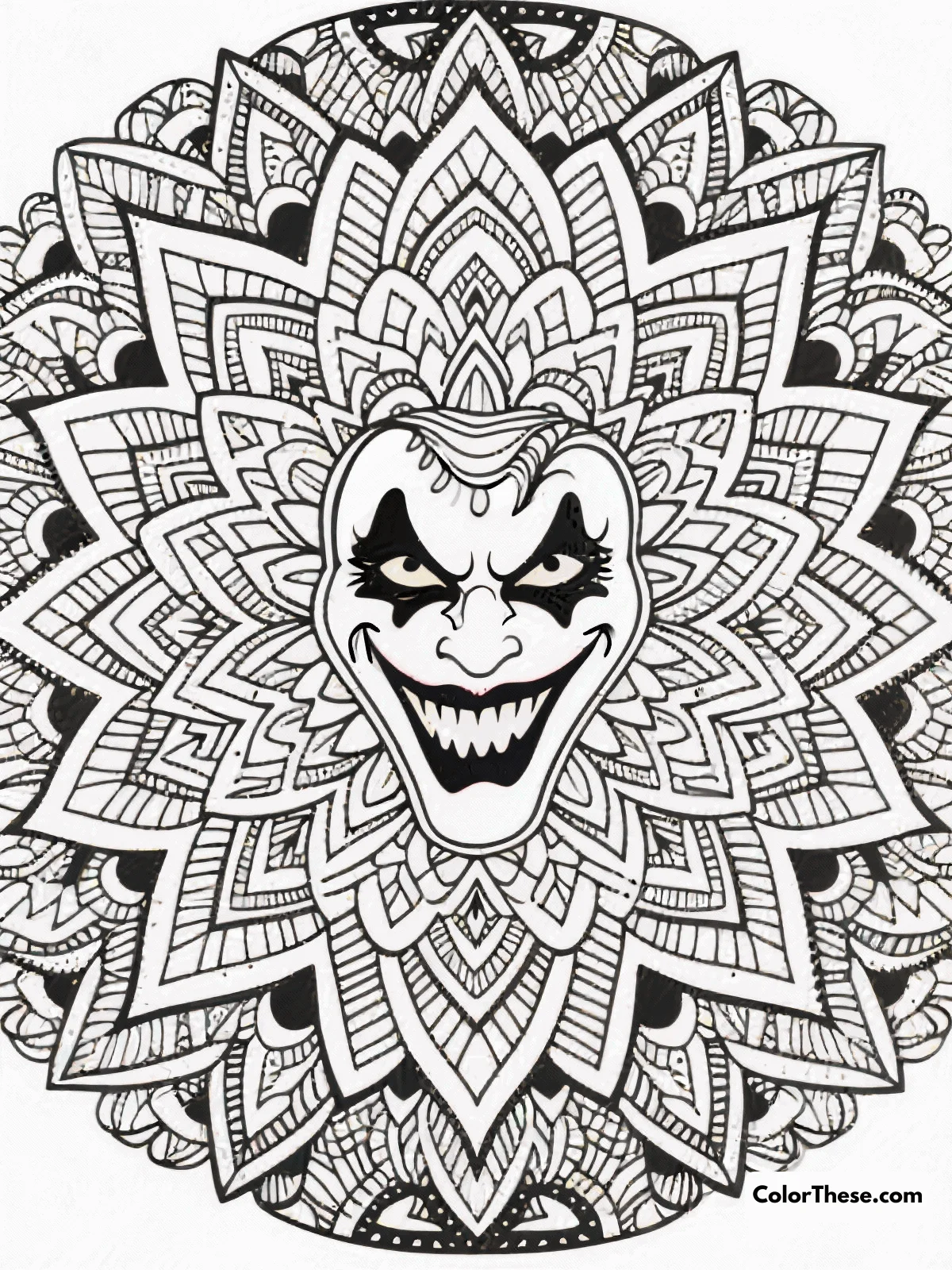 Free printable intricate joker pattern coloring page for kids and adults. Dive into a world of intricate patterns with this Joker-themed coloring page, perfect for adults seeking a creative and meditative escape.