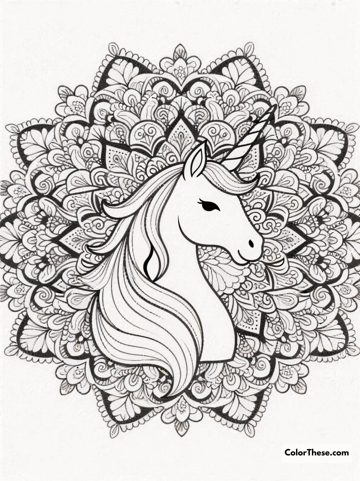 Free printable intricate unicorn mandala coloring page for kids and adults. Explore an intricate unicorn mandala, designed for mindful coloring and artistic expression, offering stress relief and creative exploration.