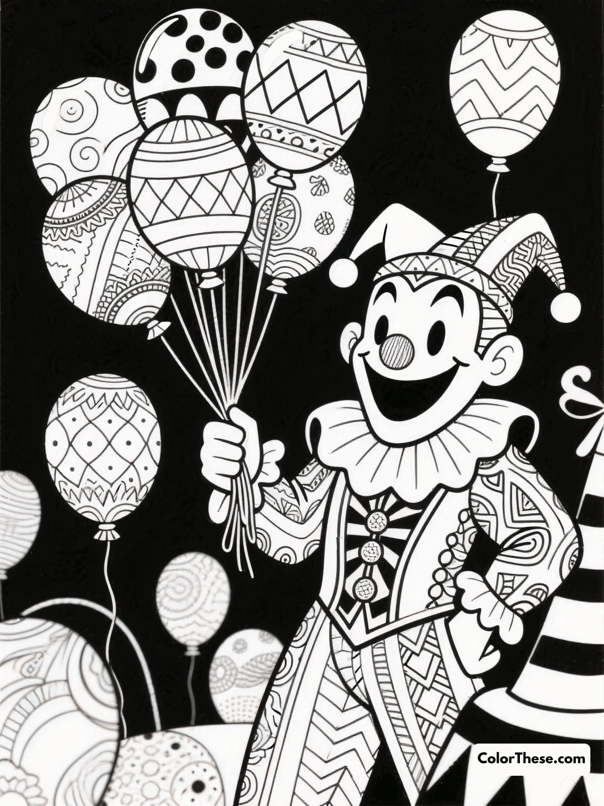 Free printable joker and balloons coloring page for kids and adults. Dive into a world of fun with this Joker and Balloons coloring page, perfect for young artists to explore vibrant colors and creativity.
