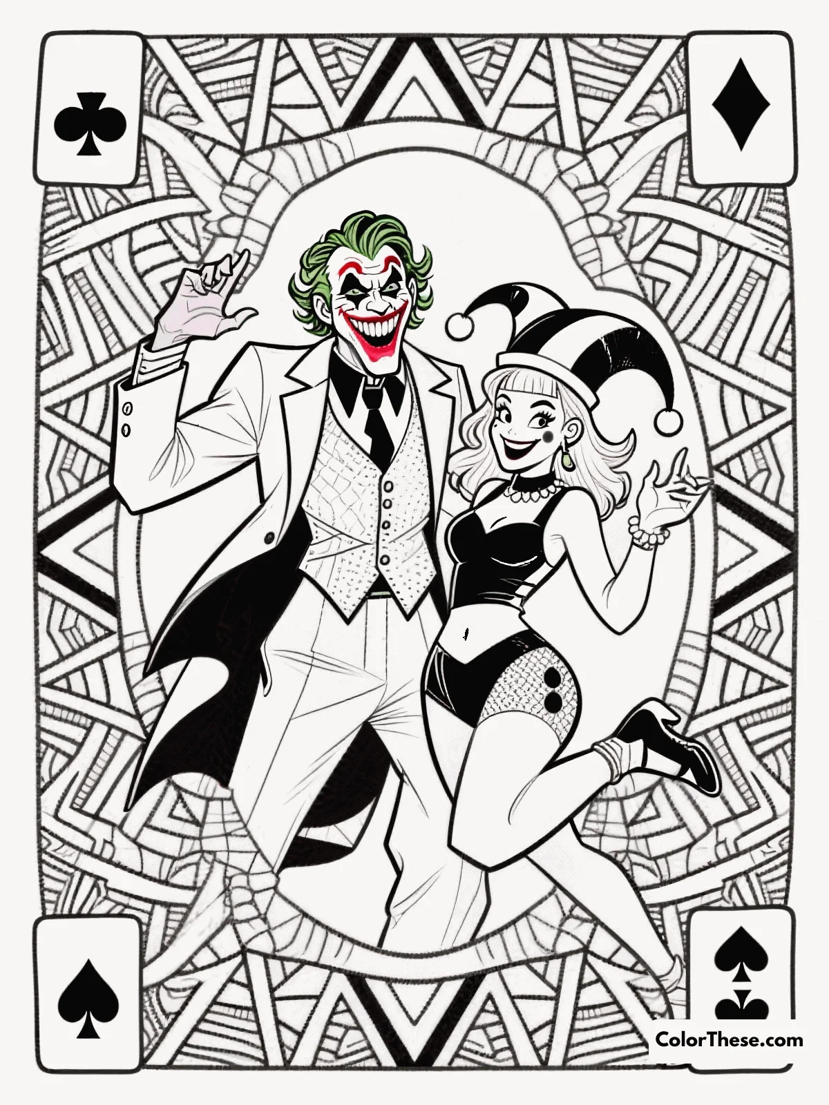 Free printable joker and harley quinn coloring page for kids and adults. Dive into the world of Gotham with this intricate Joker and Harley Quinn coloring page, perfect for showcasing your artistic skills and creativity.