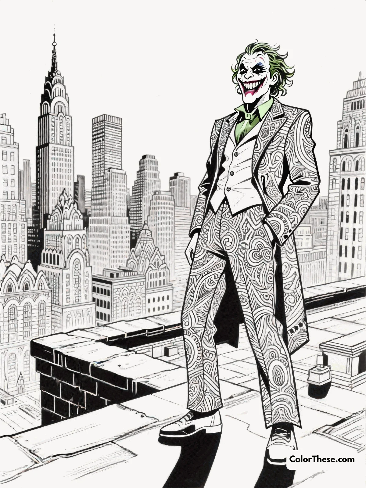 Free printable joker in gotham city coloring page for kids and adults. Explore the vibrant world of Gotham City with our 'Joker in Gotham City' coloring page, perfect for all skill levels. Add your creative touch and bring this iconic villain to life!