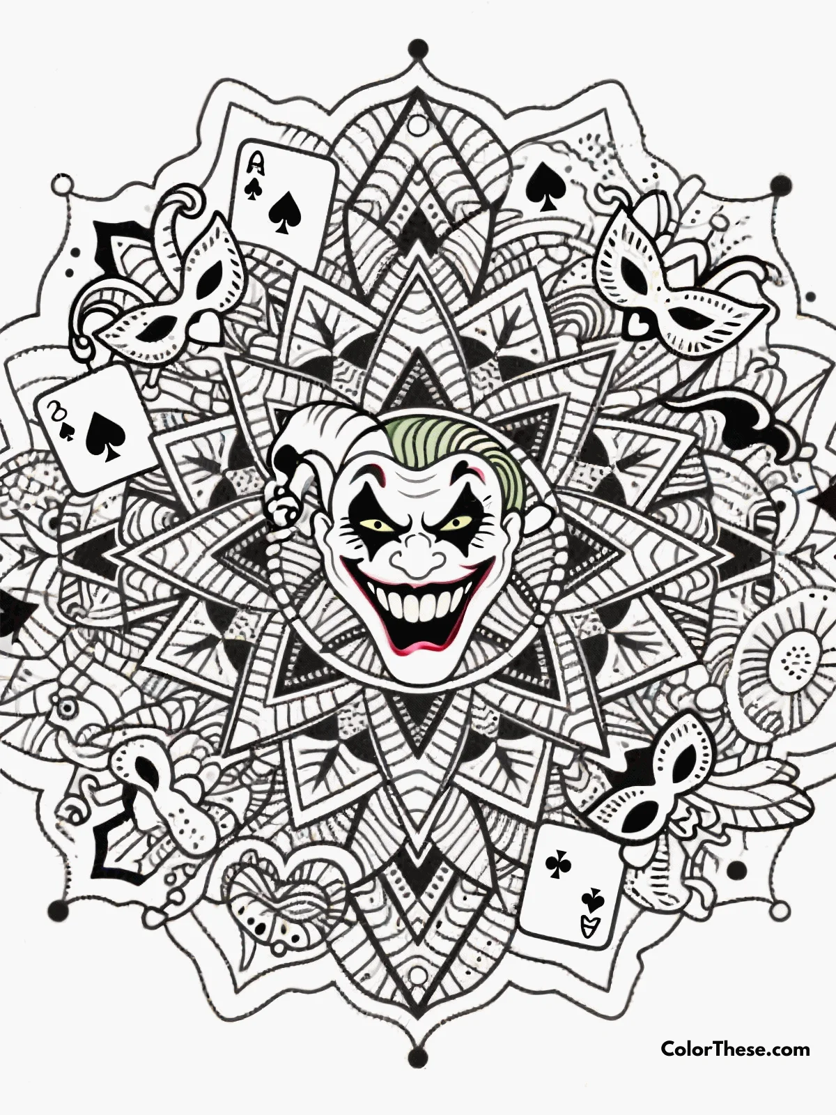 Free printable joker's chaos mandala coloring page for kids and adults. Explore the "Joker's Chaos Mandala," a complex design that invites adults to engage in stress-relieving coloring through intricate patterns and advanced techniques.