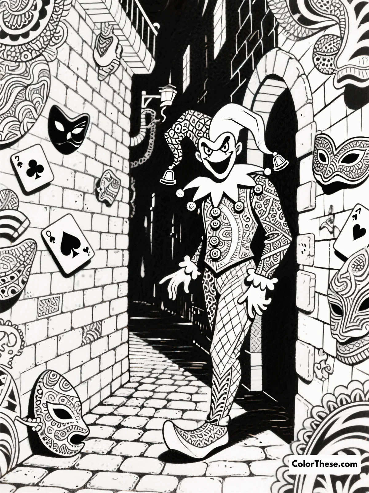 Free printable joker's dark alley coloring page for kids and adults. Dive into the mysterious world of Joker's dark alley with this captivating coloring page, perfect for artists of all ages and skill levels.