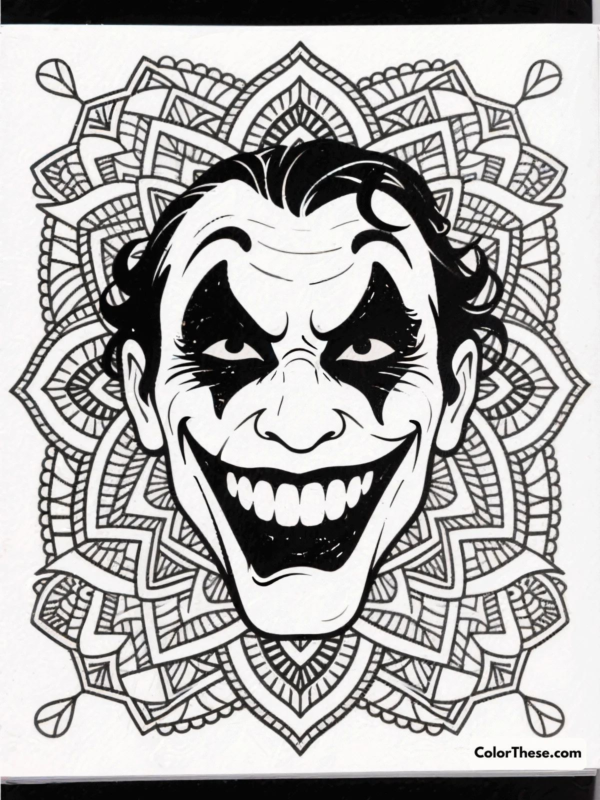 Free printable joker's grinning face coloring page for kids and adults. Explore the iconic grin of the Joker with this captivating coloring page, perfect for all ages. Add your personal touch and bring this enigmatic character to life!