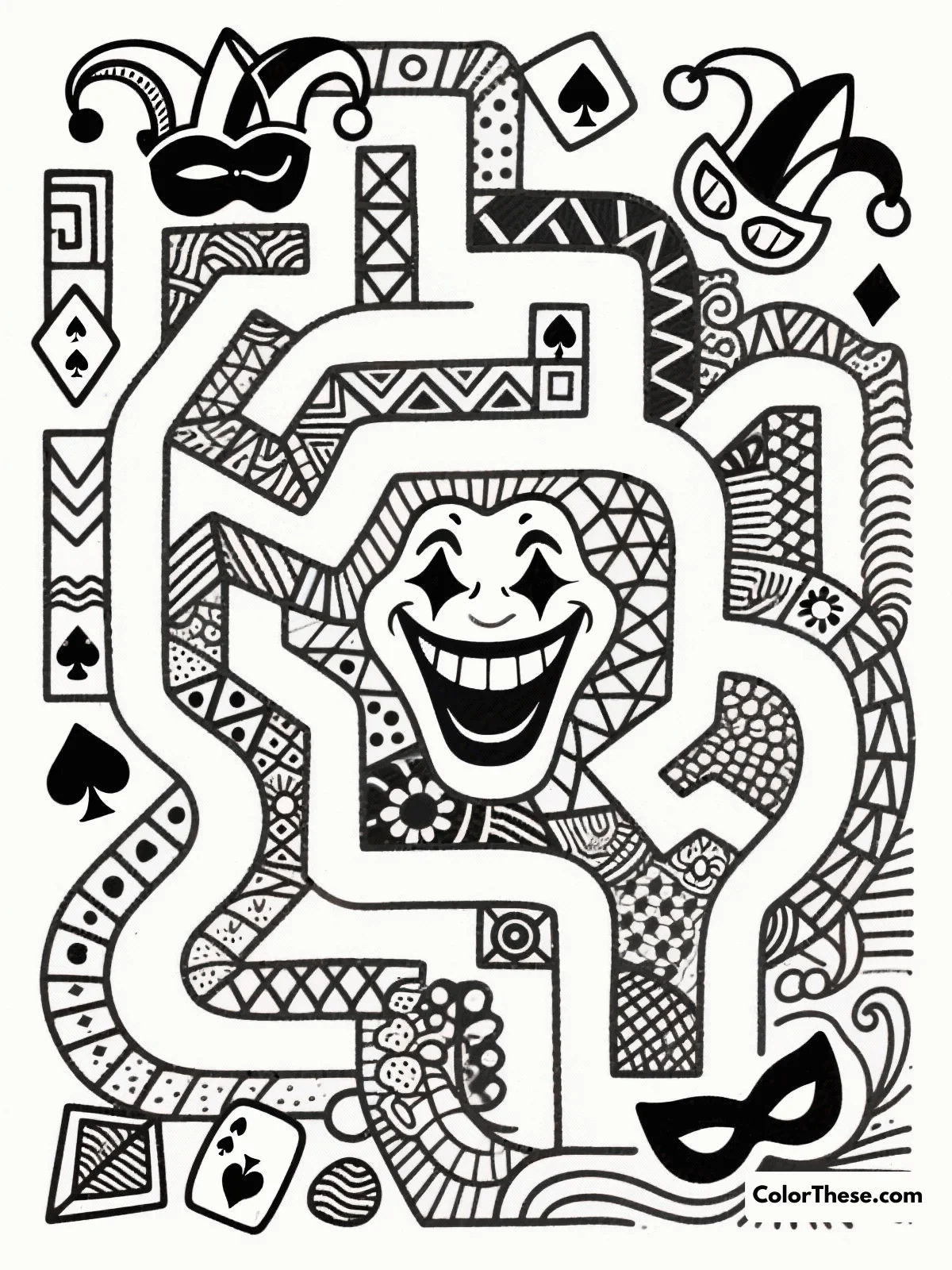 Free printable joker's laughter maze coloring page for kids and adults. Discover the Joker's playful realm in this exciting coloring page, featuring a maze of laughter and whimsical characters that invite creativity and fun for all ages.