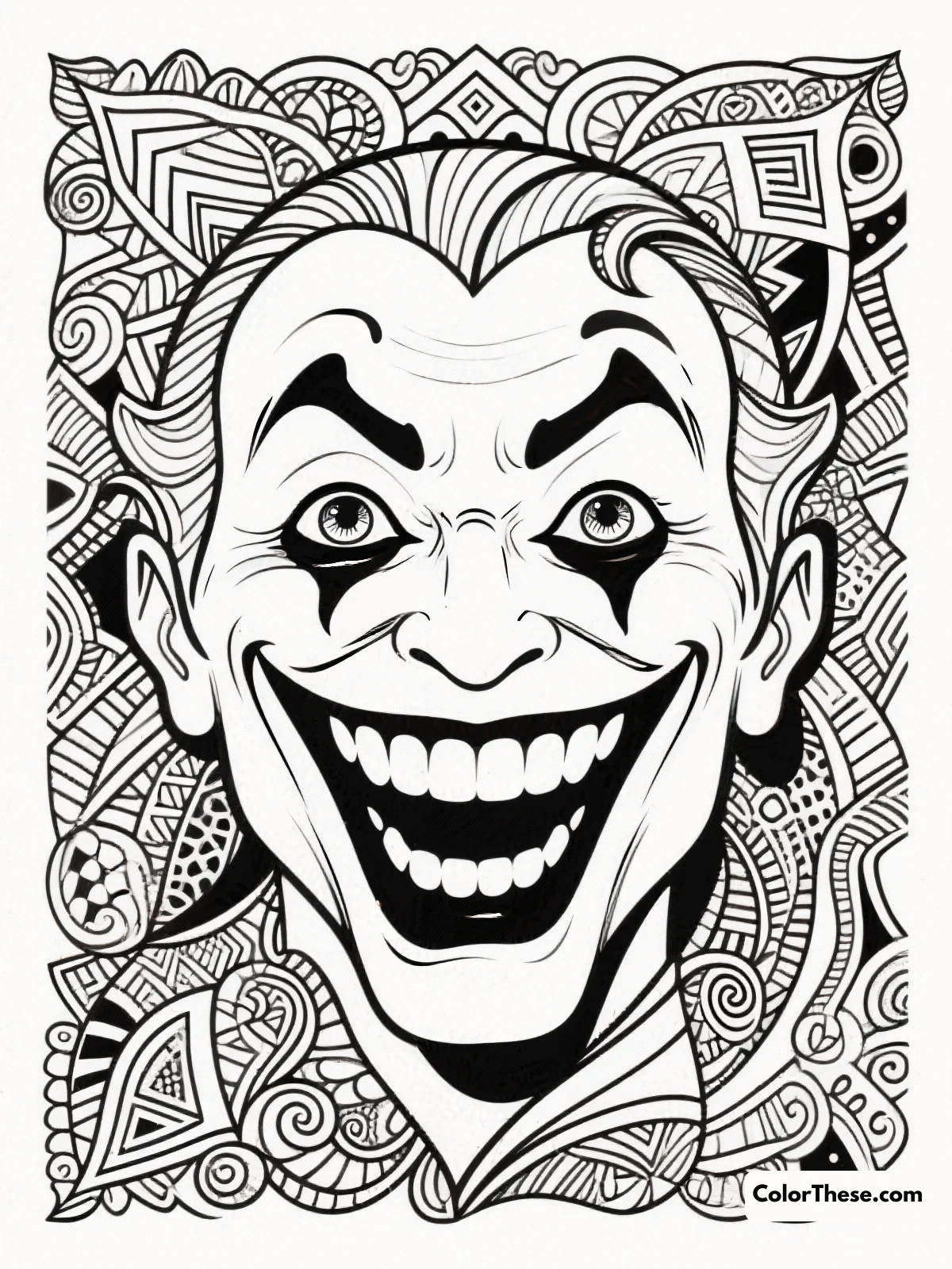 Free printable joker's smile coloring page for kids and adults. Explore the enigmatic Joker's Smile coloring page, with intricate details and a blend of simple and complex elements perfect for all ages.