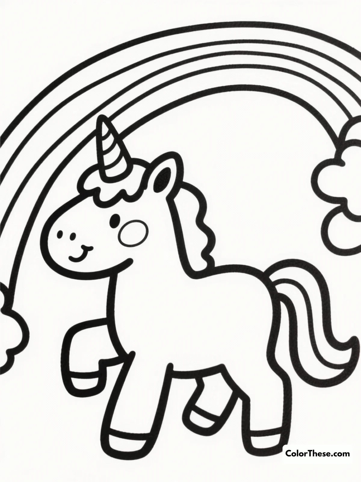 Free printable playful unicorn with rainbow coloring page for kids and adults. Dive into a world of magic with our 'Playful Unicorn with Rainbow' coloring page, perfect for all ages. Add your unique touch to this enchanting scene with vibrant colors and creative flair.