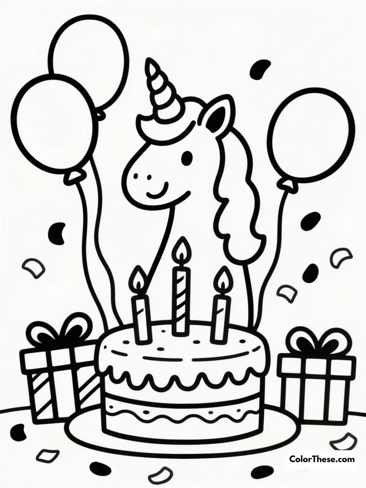 Free printable unicorn celebrating a birthday coloring page for kids and adults. Celebrate with a magical unicorn on its birthday! This coloring page invites you to add your own artistic touch to a joyful and festive scene.