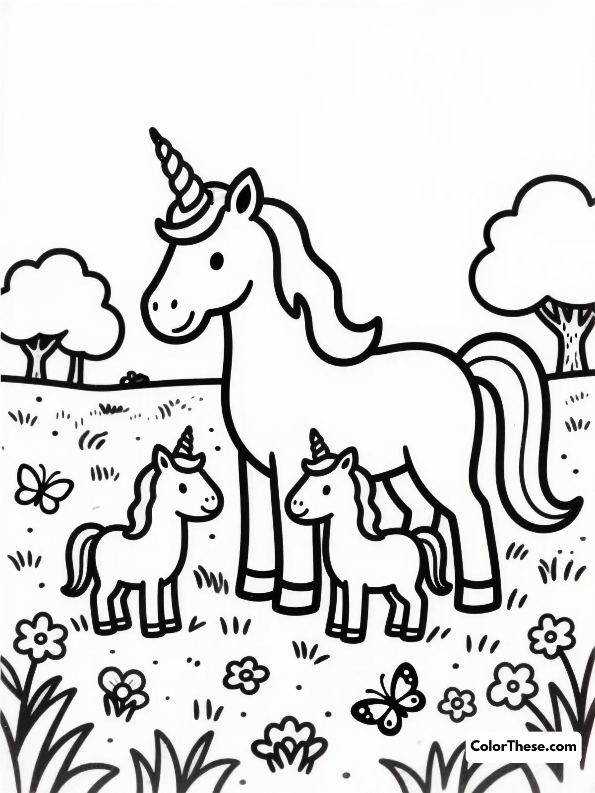 Free printable unicorn family in a meadow coloring page for kids and adults. Explore the magical world of a unicorn family in a meadow with this delightful coloring page, perfect for all ages and skill levels.