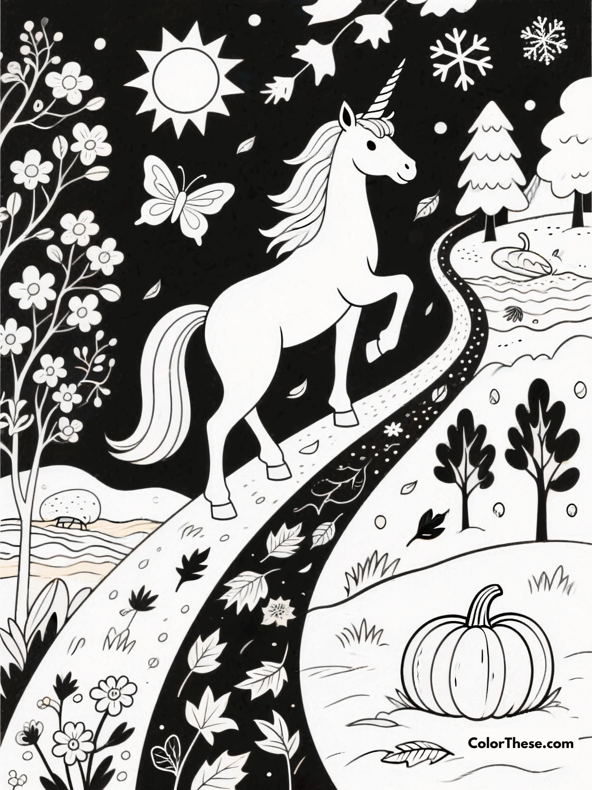 Free printable unicorn journey through seasons coloring page for kids and adults. Join a magical unicorn on its journey through the seasons, witnessing the beauty of spring, summer, autumn, and winter. Perfect for all ages, this coloring page invites creativity and exploration.