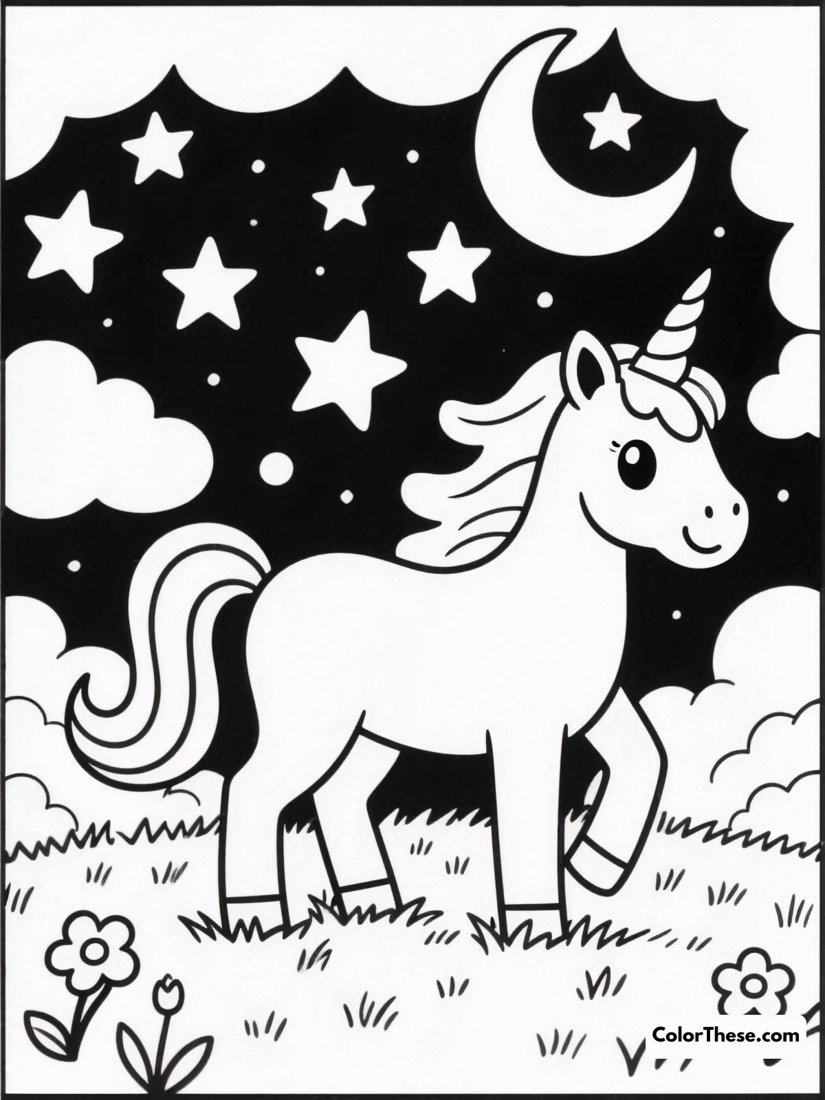 Free printable unicorn under a starry sky coloring page for kids and adults. Dive into a magical world with our 'Unicorn Under a Starry Sky' coloring page, perfect for unleashing creativity and enjoying a tranquil coloring experience.