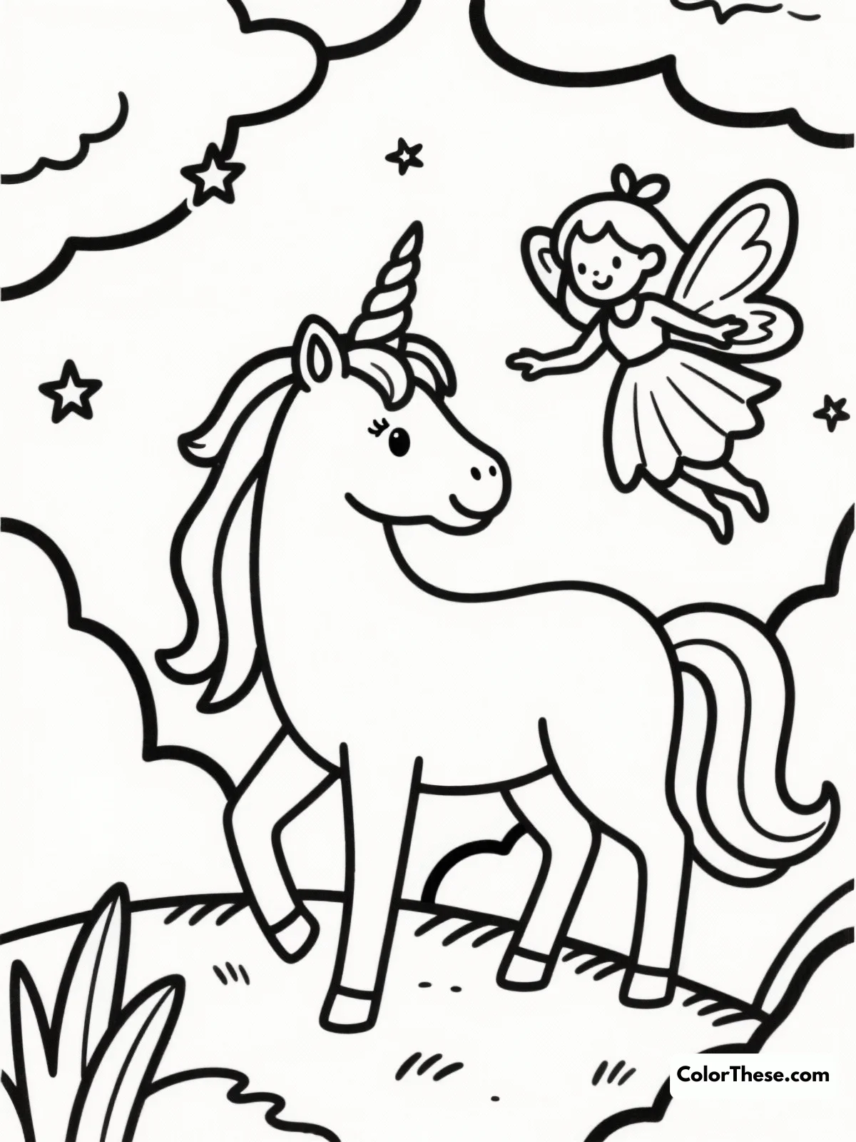 Free printable unicorn and fairy adventure coloring page for kids and adults. Embark on a magical journey with our 'Unicorn and Fairy Adventure' coloring page, perfect for all ages to explore creativity and imagination!
