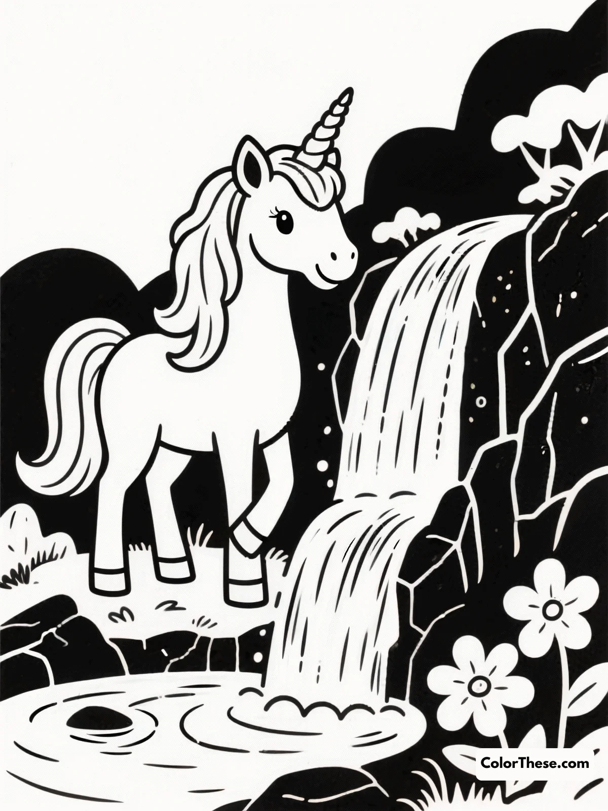 Free printable unicorn with a magical waterfall coloring page for kids and adults. Enter a magical world with this unicorn and waterfall coloring page, perfect for all ages to explore creativity and relaxation.