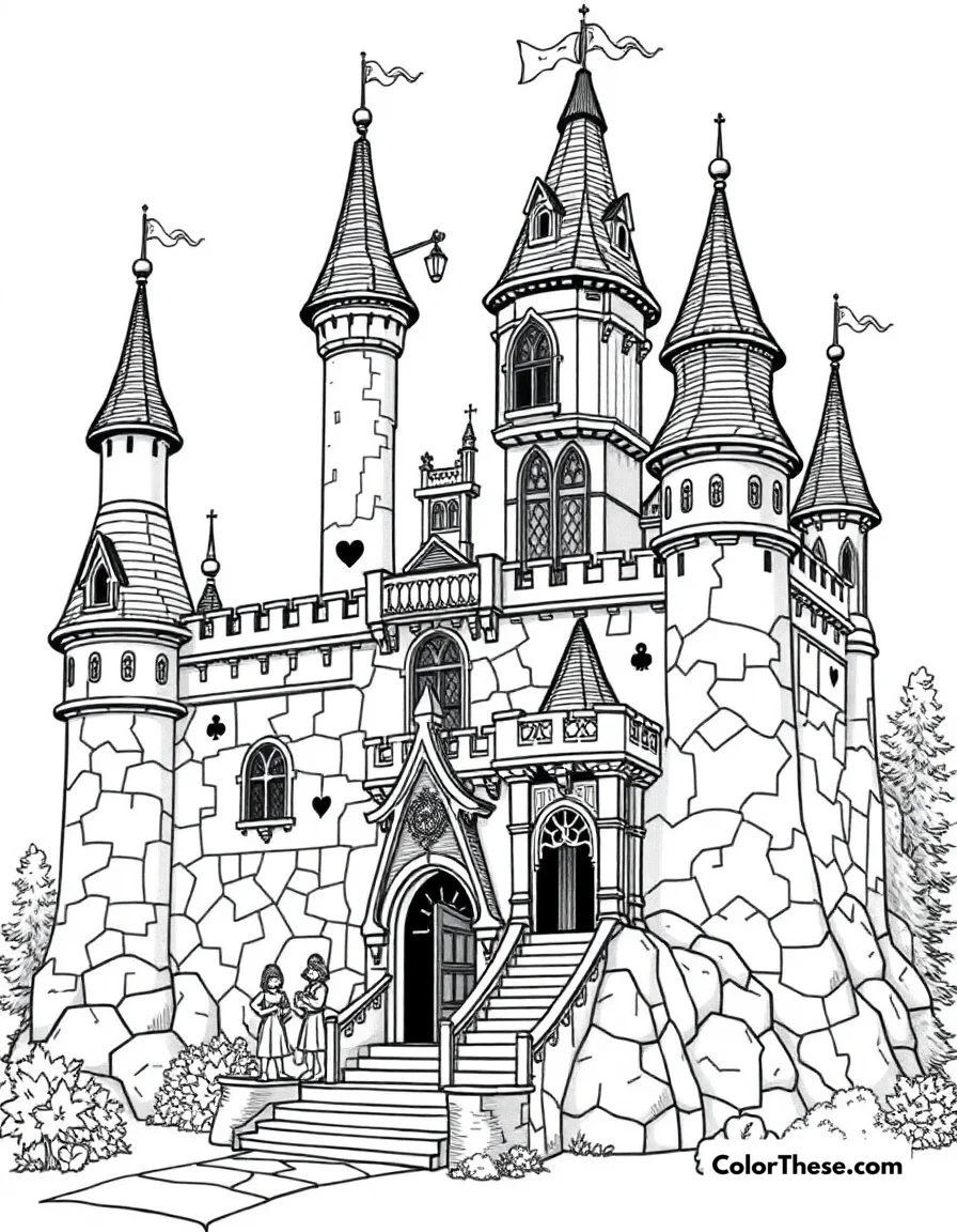 Free printable wonderland castle coloring page for kids and adults. The magnificent Wonderland castle with its quirky architecture and playing card guards standing watch.