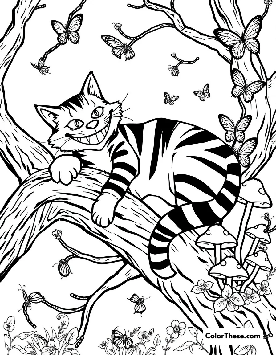 Free printable cheshire cat's tree coloring page. The mysterious Cheshire Cat lounging on a tree branch with his famous grin, surrounded by butterflies and mushrooms.