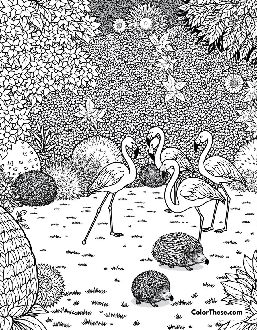 Free printable croquet with flamingos coloring page for kids and adults. The famous croquet game using flamingos as mallets and hedgehogs as balls in the Queen's garden.