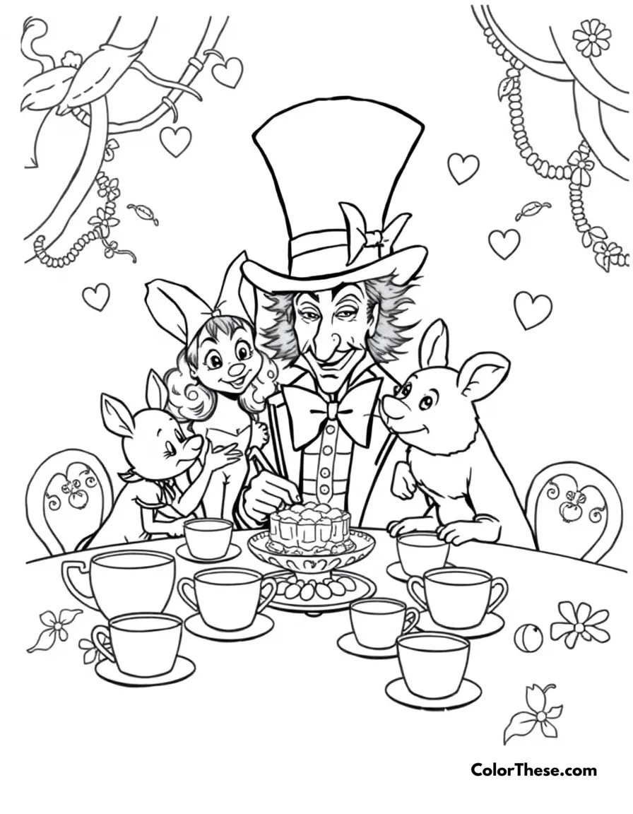 Free printable alice's tea party adventure coloring page for kids and adults. Join Alice at the famous Mad Hatter's tea party! This delightful scene features the Mad Hatter, March Hare, and Dormouse surrounded by teacups and treats.