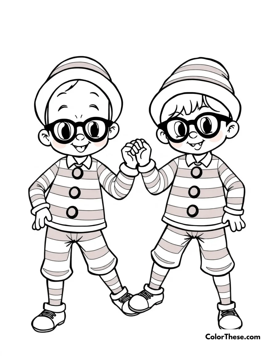 Free printable tweedledee and tweedledum coloring page for kids and adults. The playful twins Tweedledee and Tweedledum in their matching outfits, ready for a game.