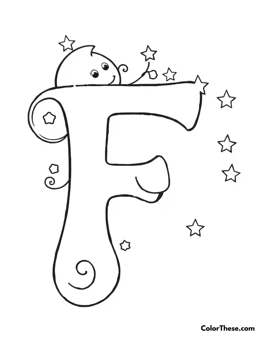 Free printable letter f with swirls and stars coloring page for kids and adults. A big, fun letter 'F' with swirls, stars, and a smiling moon.