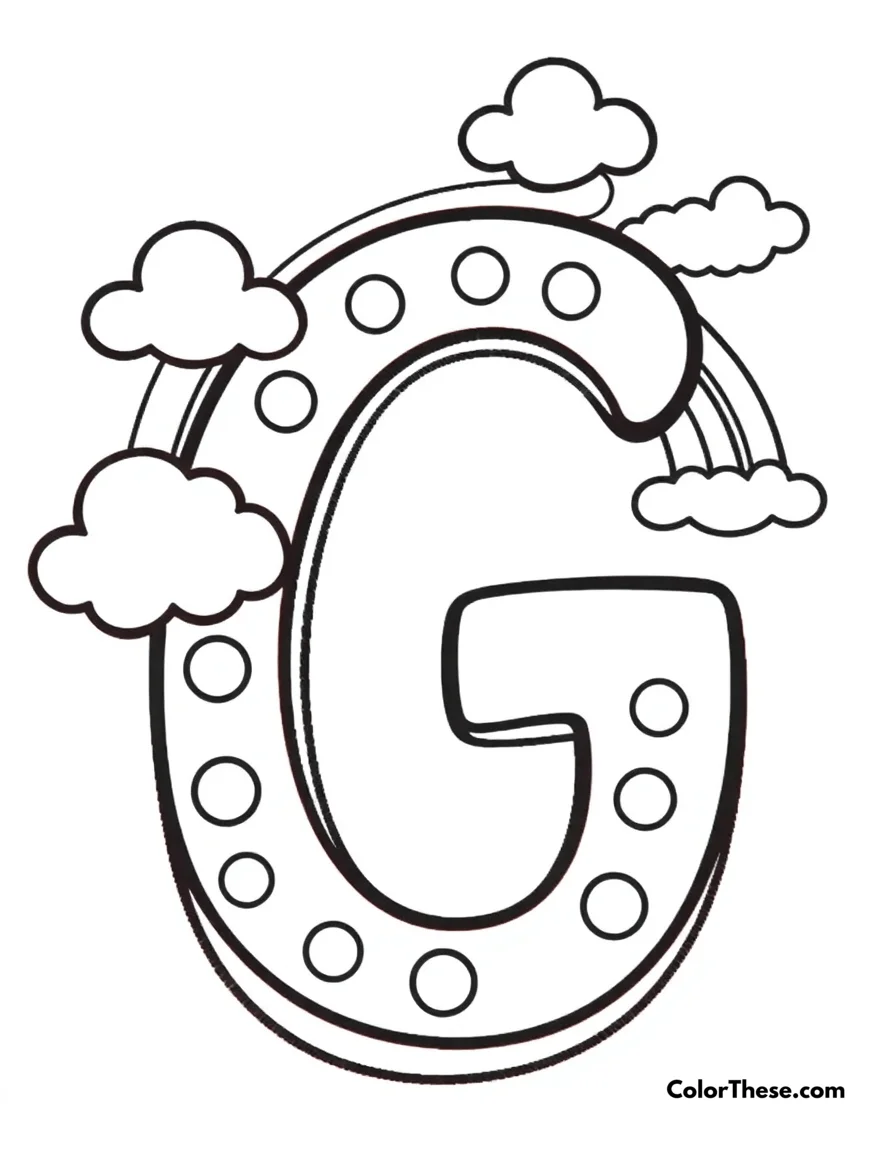 Free printable letter g with dots and clouds coloring page for kids and adults. A big, fun letter 'G' with dots, clouds, and a rainbow.
