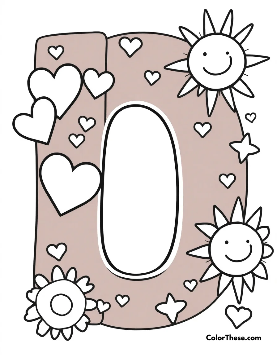 Free printable letter h with hearts and stars coloring page for kids and adults. A big, fun letter 'H' with hearts, stars, and a smiling sun.