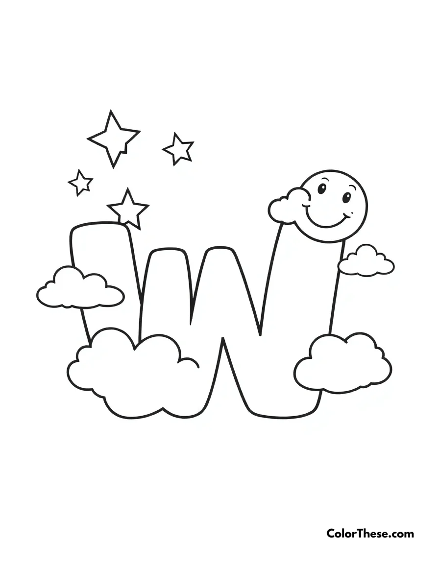 Free printable letter w with stars and clouds coloring page for kids and adults. A big, fun letter 'W' with stars, clouds, and a smiling moon.