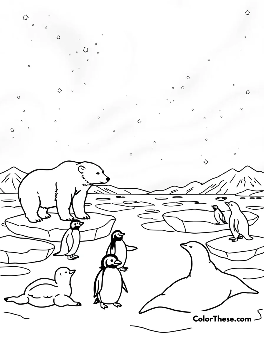 Free printable arctic adventure coloring page. Polar bears, penguins, and seals playing on ice floes under the northern lights.
