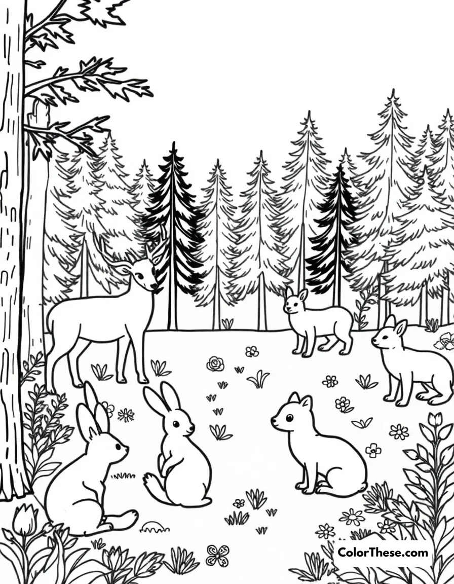 Free printable forest friends coloring page. Woodland creatures including deer, rabbits, and foxes gathered in a peaceful forest clearing.