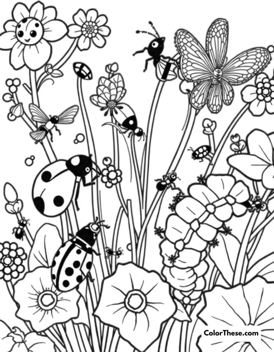 Free printable insect world coloring page. A fascinating micro-world of ladybugs, bees, ants, and caterpillars among garden plants.