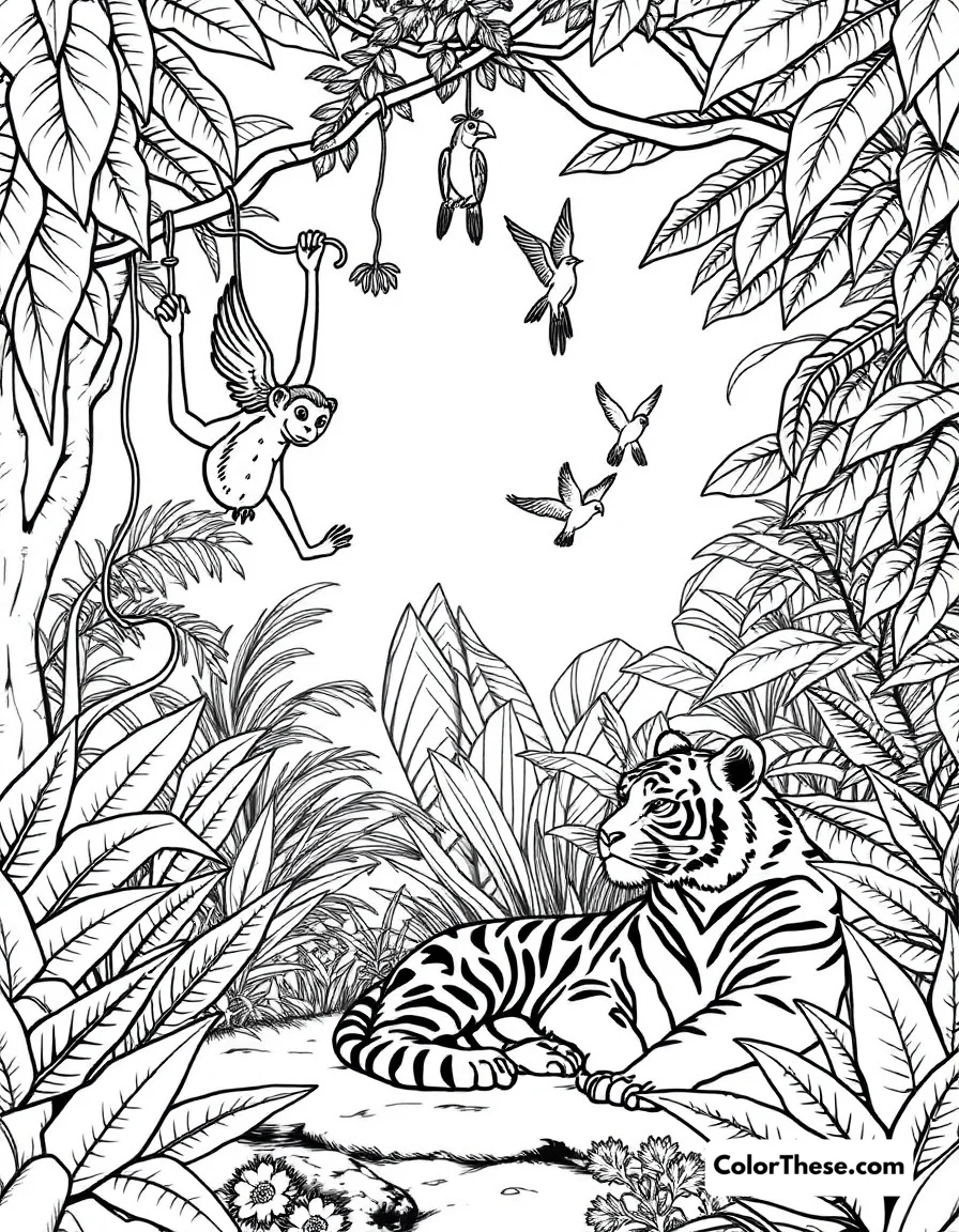 Free printable jungle adventures coloring page for kids and adults. A lively jungle scene with monkeys swinging from vines, parrots flying, and a tiger resting nearby.