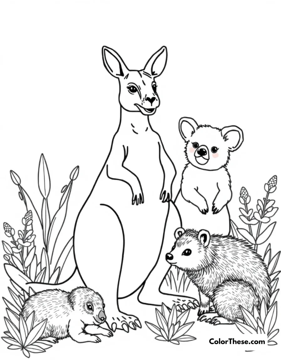 Free printable australian outback coloring page for kids and adults. Kangaroos, koalas, and wombats in their natural Australian habitat with distinctive flora.