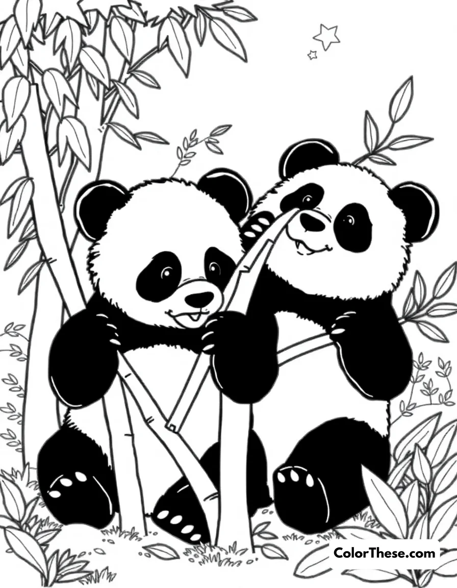 Free printable playful pandas coloring page for kids and adults. Two adorable pandas playing with bamboo shoots in their natural habitat, surrounded by lush forest vegetation.