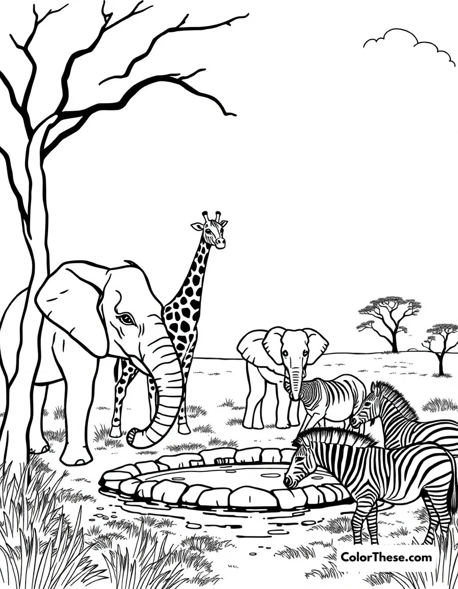 Free printable african safari coloring page. A beautiful savanna scene featuring giraffes, elephants, and zebras gathering around a watering hole.