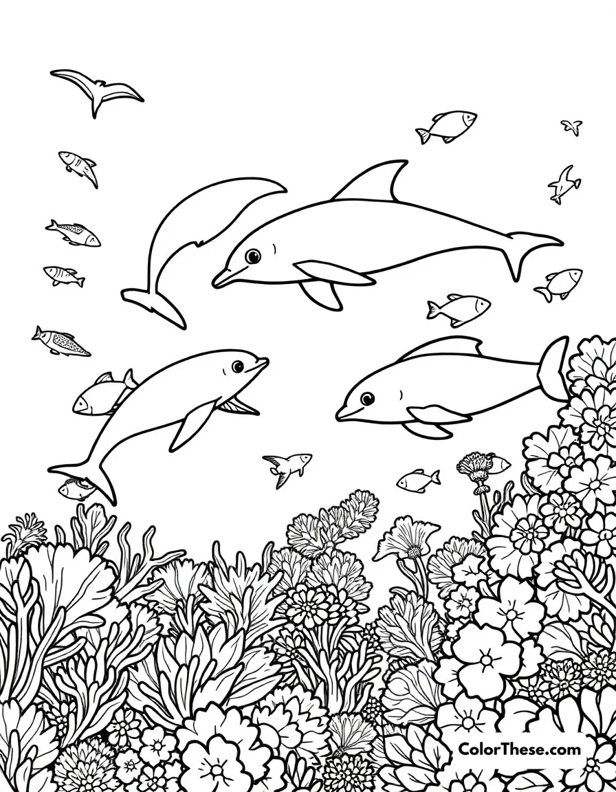 Free printable underwater friends coloring page for kids and adults. A vibrant coral reef scene with dolphins, tropical fish, and sea turtles swimming together.