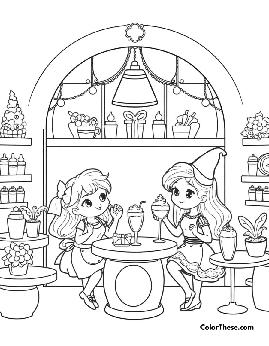 Free printable cute cafe scene coloring page. Adorable characters working in a magical cafe with fancy desserts and drinks.