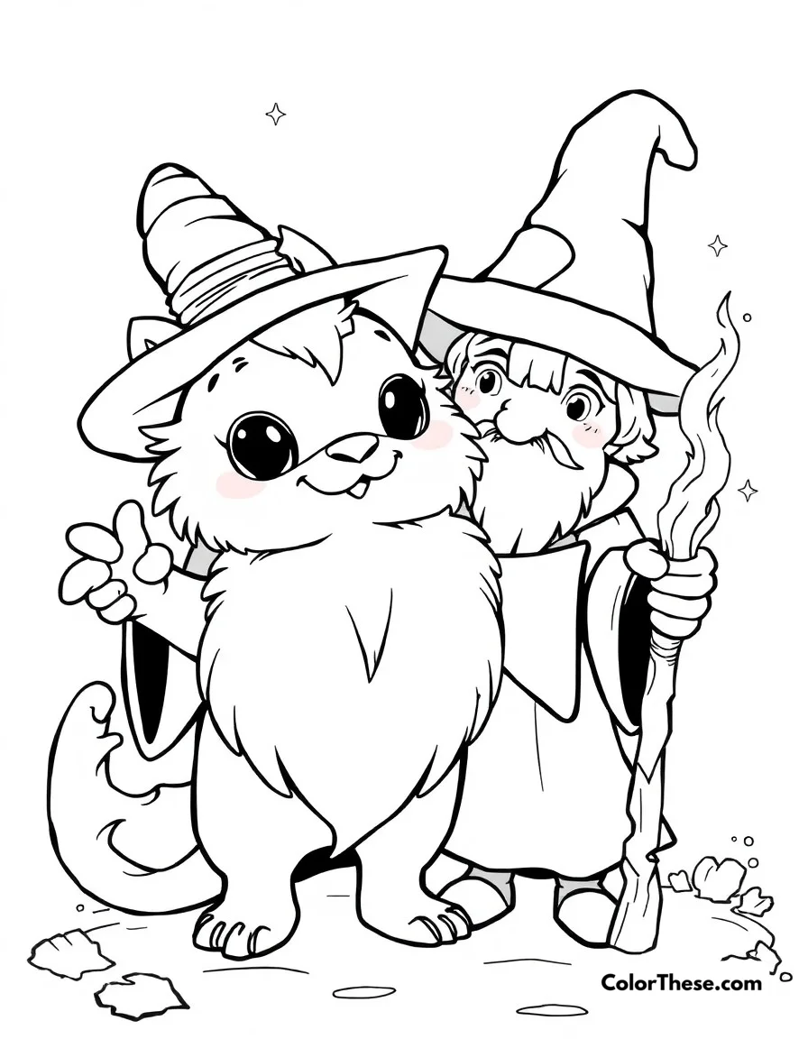 Free printable magical familiar coloring page. Cute magical creature companion with its wizard friend casting spells.