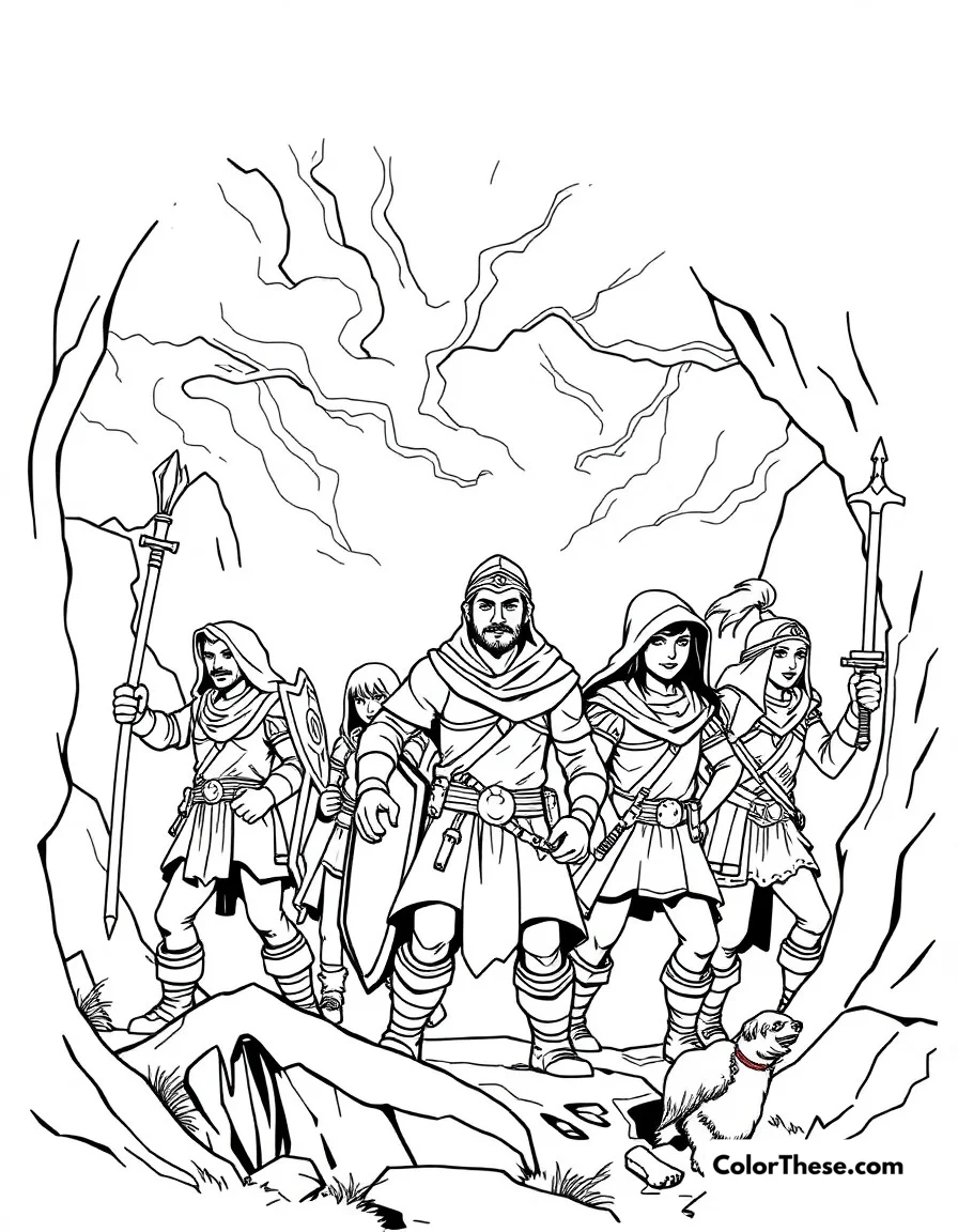 Free printable fantasy quest coloring page for kids and adults. Adventure party of heroes embarking on an epic fantasy quest.