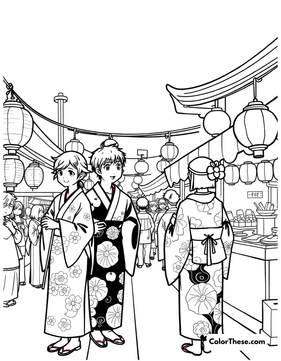 Free printable festival night coloring page for kids and adults. Characters in yukatas enjoying a traditional Japanese festival with lanterns and food stalls.