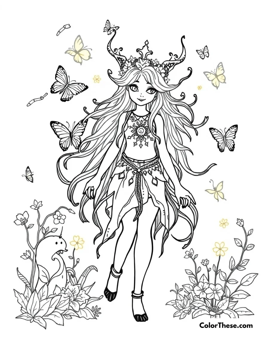 Free printable magical forest spirit coloring page for kids and adults. A mystical forest spirit character surrounded by glowing butterflies and magical forest elements.
