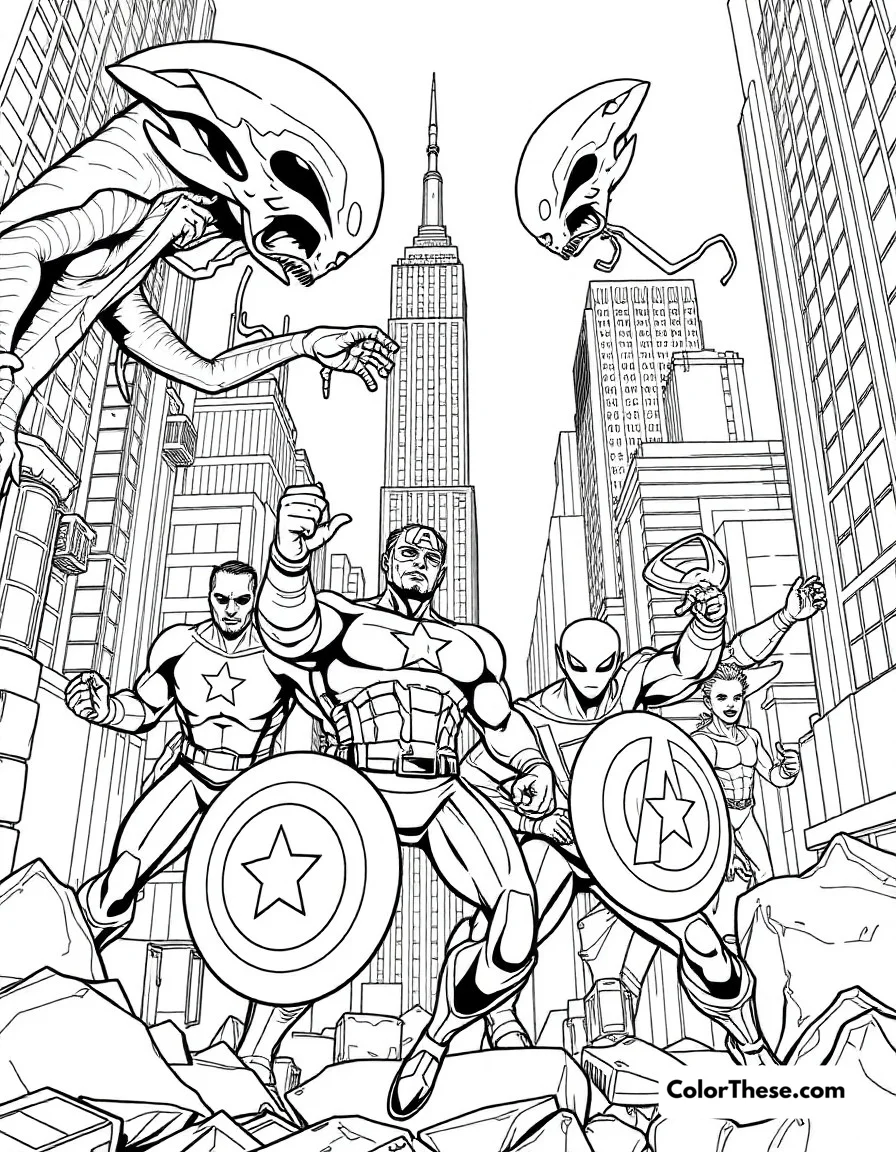 Free printable battle of new york coloring page for kids and adults. The Avengers defending New York City from alien invasion.