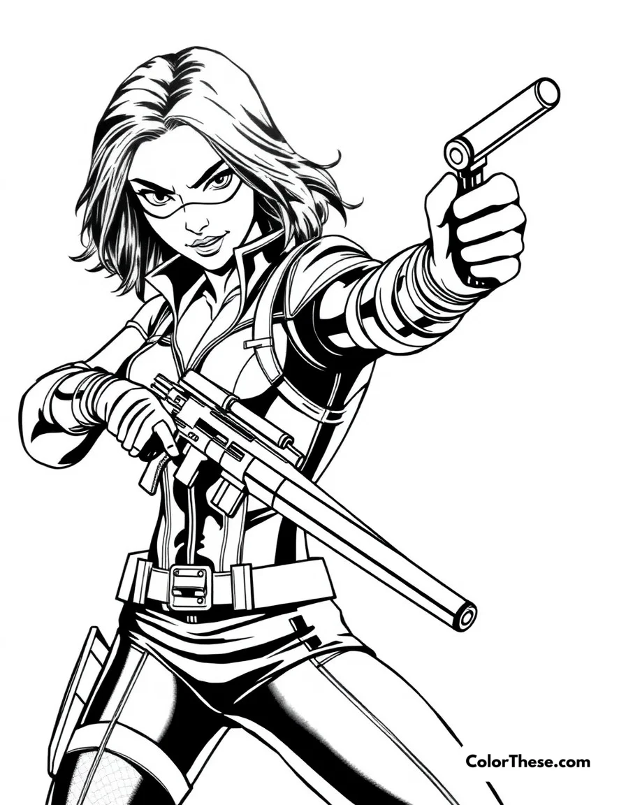 Free printable black widow's mission coloring page for kids and adults. Black Widow in a stealthy action pose with her signature weapons.