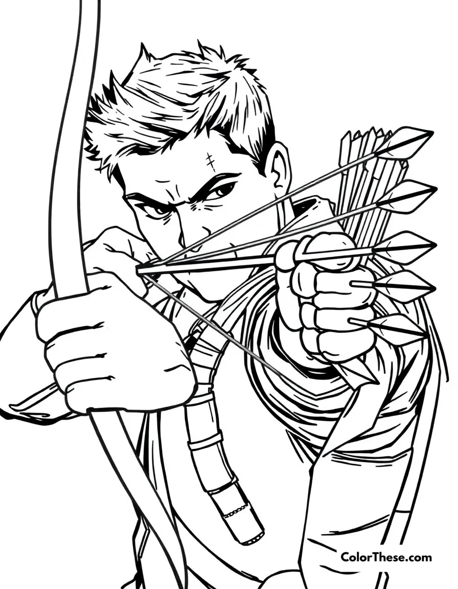 Free printable hawkeye's shot coloring page for kids and adults. Hawkeye taking aim with his bow and special arrows.