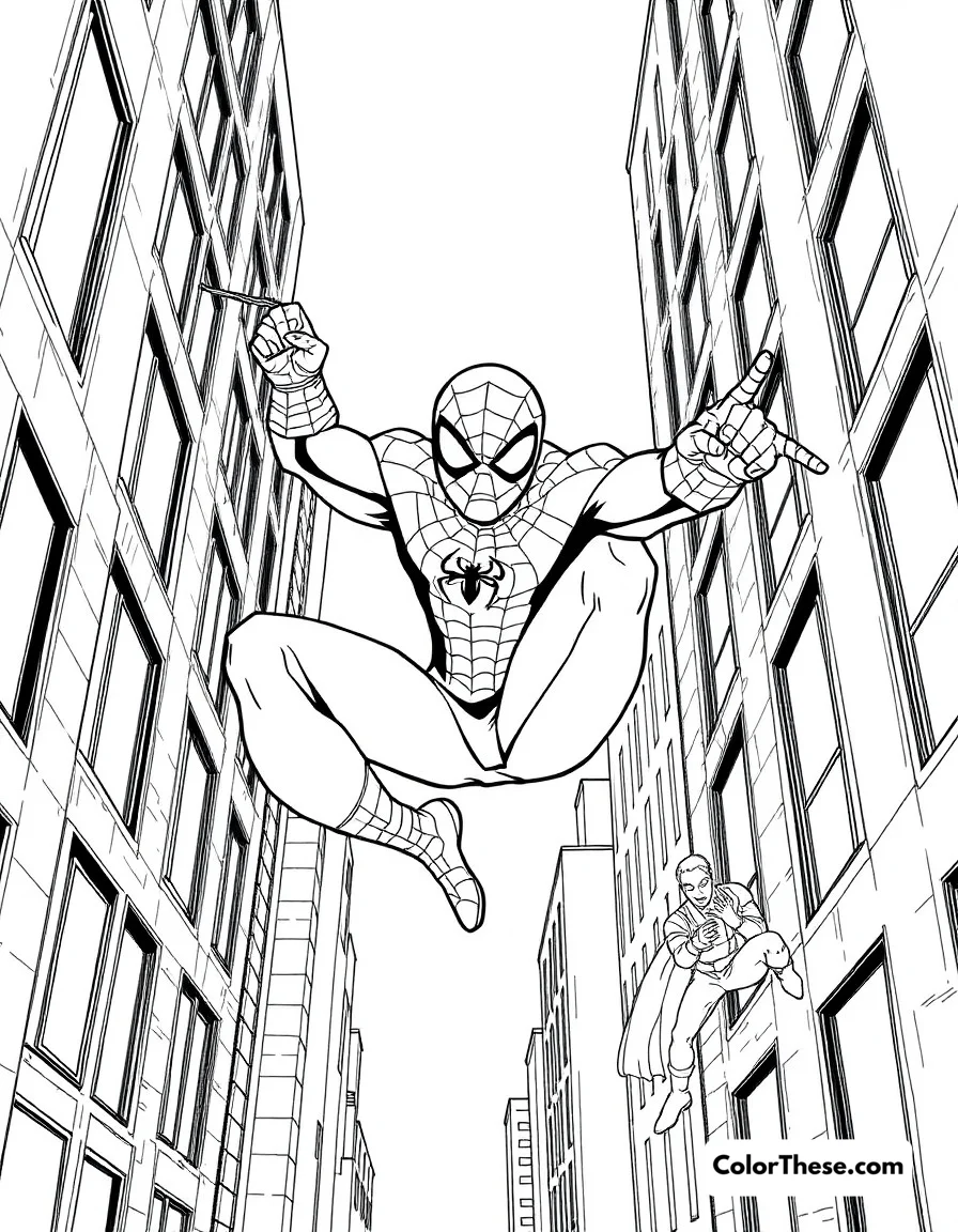 Free printable spider-man swing coloring page for kids and adults. Spider-Man swinging between buildings with the Avengers.