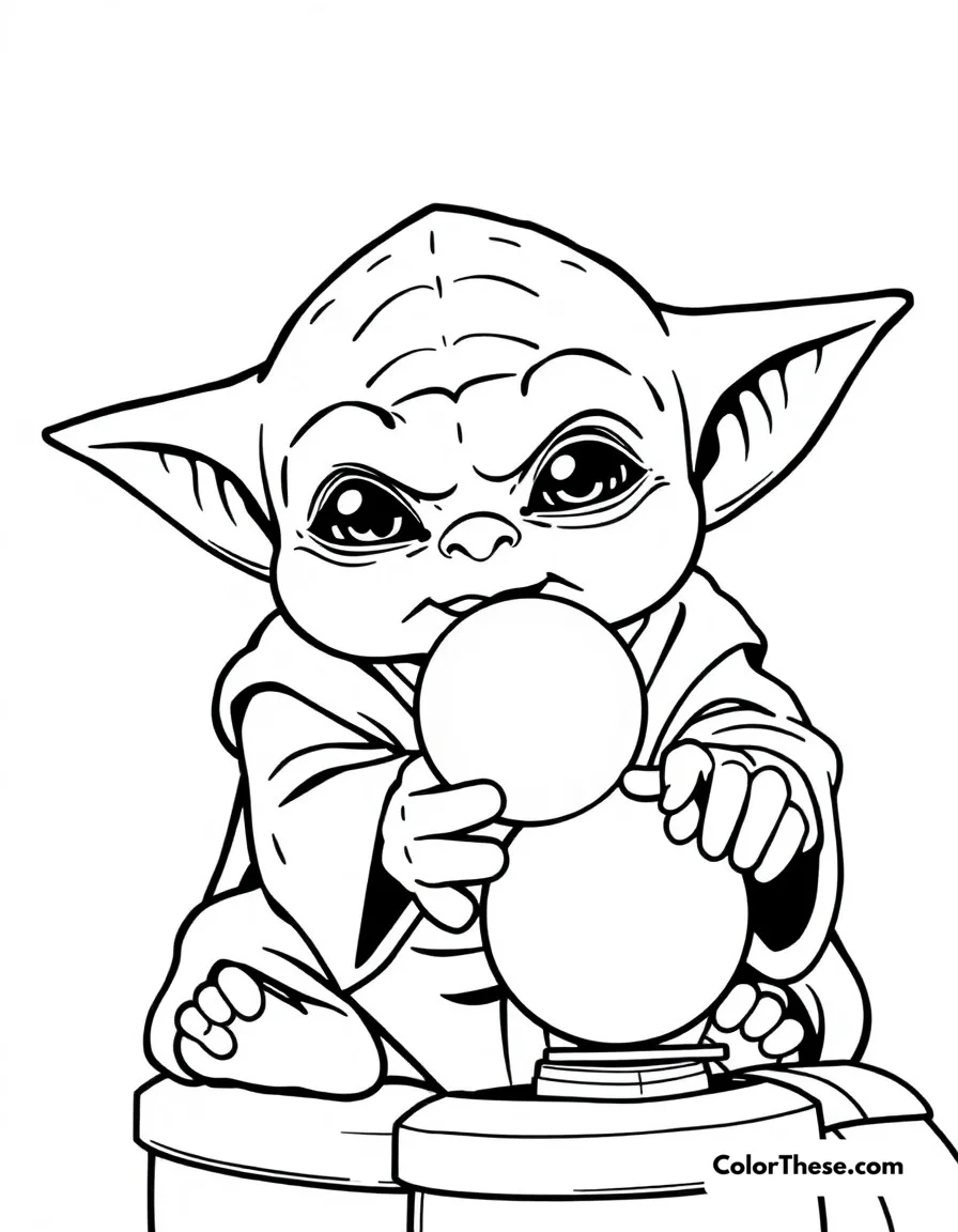 Free printable playing with ball coloring page. Baby Yoda playing with his favorite silver ball from the Razor Crest's control lever.