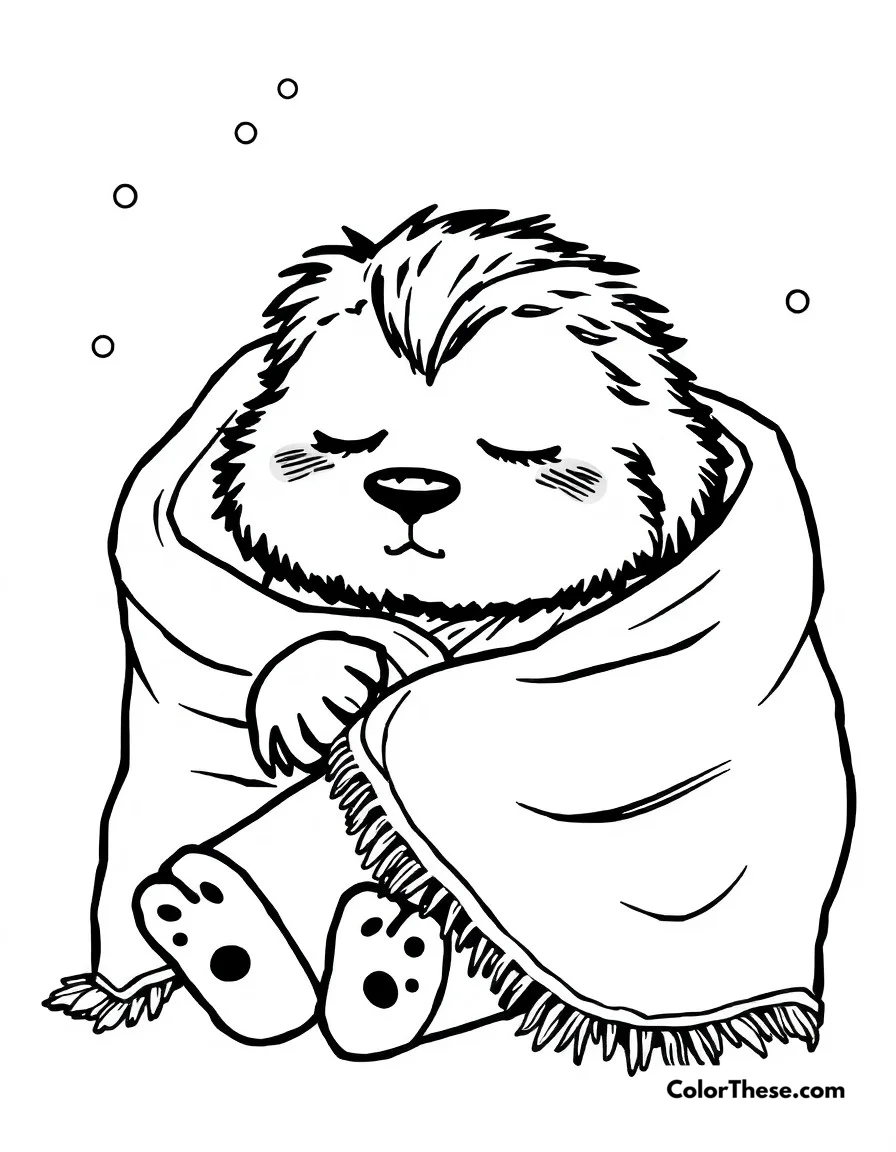 Free printable naptime coloring page. A peaceful scene of Grogu taking a nap, wrapped in his cozy blanket.