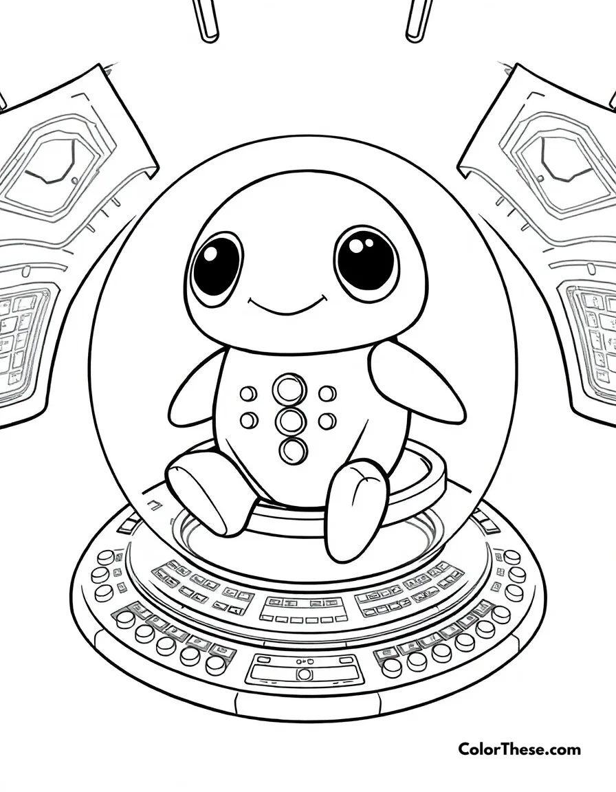 Free printable hovering pod coloring page for kids and adults. Grogu floating in his signature hovering pod, surrounded by control panels and buttons.