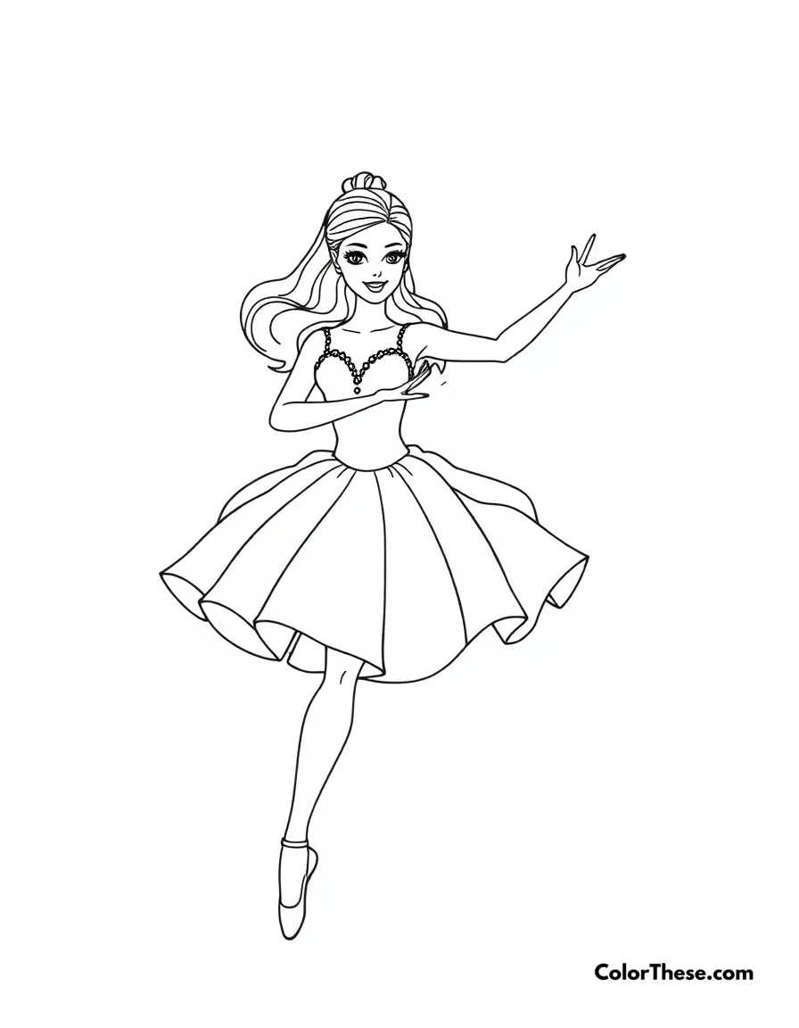Free printable ballerina barbie coloring page for kids and adults. Barbie performing a graceful ballet dance in a beautiful tutu.